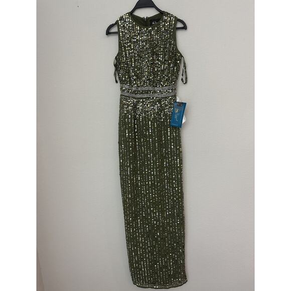 New Mac Duggal Olive Green Sleeveless Sequined 93603 Maxi Dress 93603 Size 0